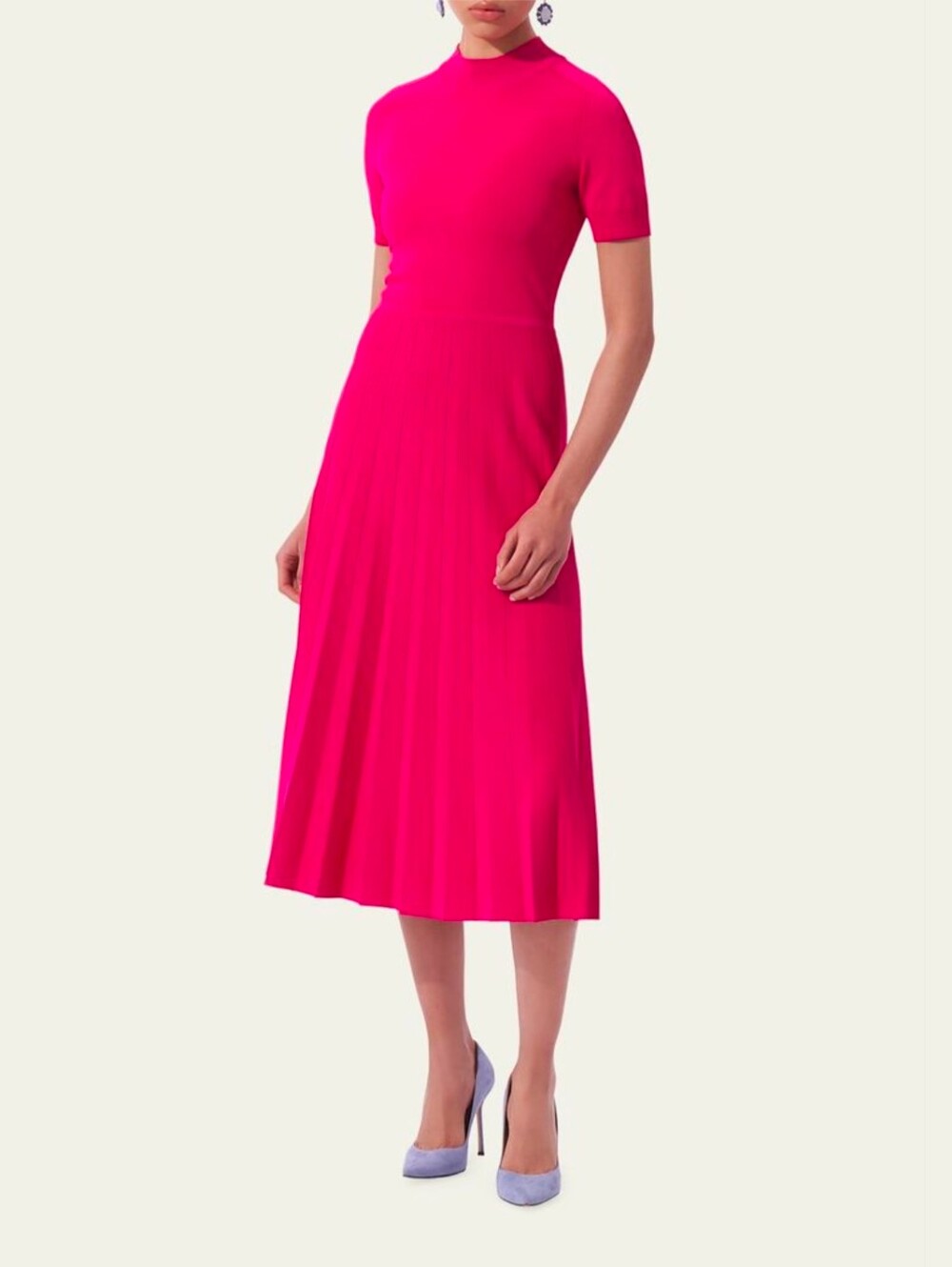 Carolina Herrera Women's XL Cerise Pink Pleated Mock Neck Knit Dress